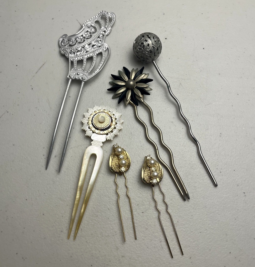 Hair Pin Stick Lot Victorian Style Filigree Ball Flower Mother Of Pearl 6 Pieces